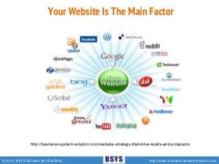 © 2016. BSYS Solution (M) Sdn Bhd. http://www.business-system-solution.com
Your Website Is The Main Factor
http://business-system-solution.com/website-strategy-that-drive-leads-and-prospects
 