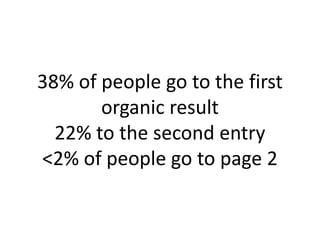 38% of people go to the first
       organic result
  22% to the second entry
<2% of people go to page 2
 