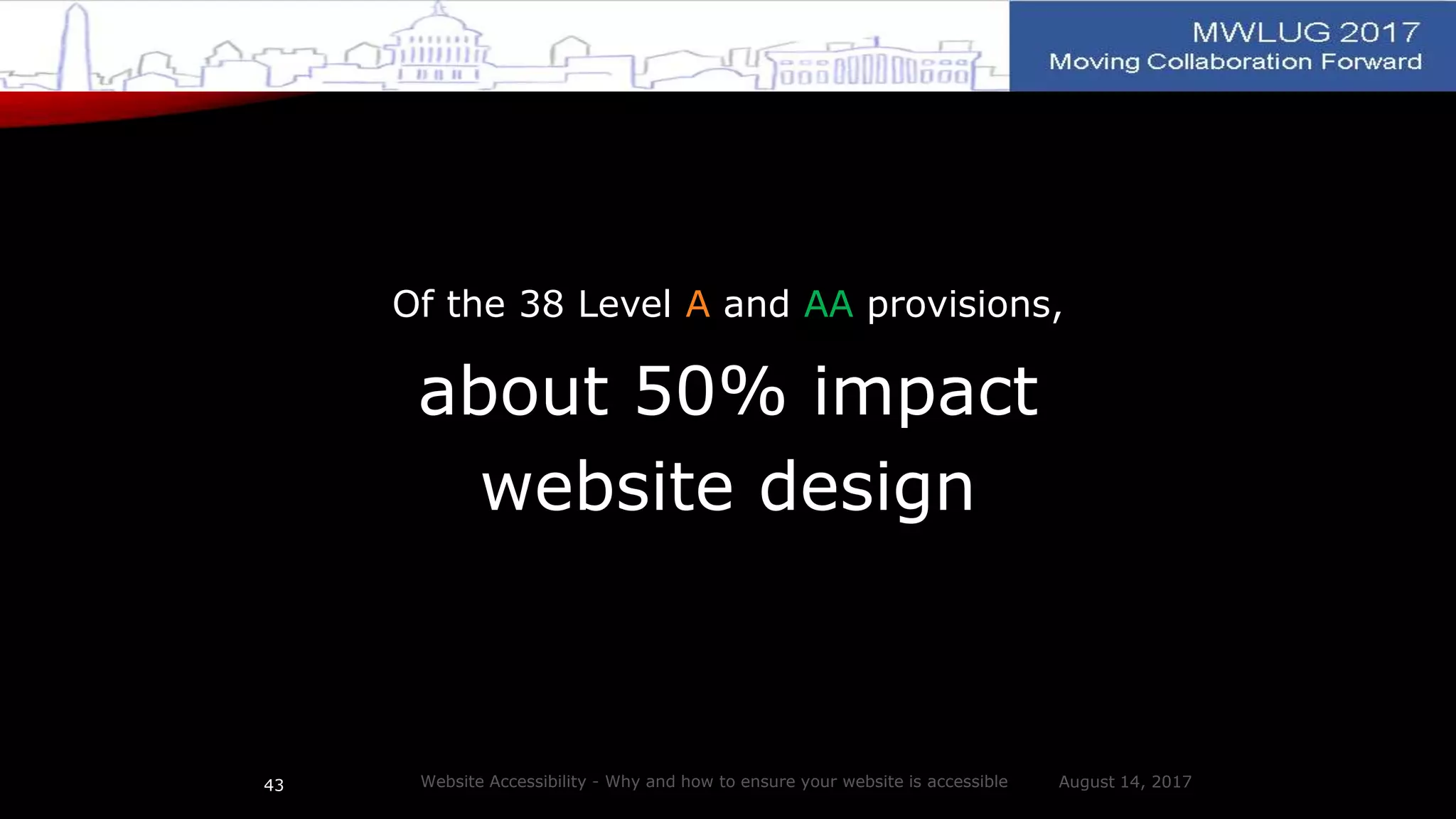 Of the 38 Level A and AA provisions,
about 50% impact
website design
August 14, 2017Website Accessibility - Why and how to ensure your website is accessible43
 