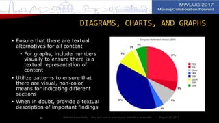 DIAGRAMS, CHARTS, AND GRAPHS
• Ensure that there are textual
alternatives for all content
• For graphs, include numbers
visually to ensure there is a
textual representation of
content
• Utilize patterns to ensure that
there are visual, non-color,
means for indicating different
sections
• When in doubt, provide a textual
description of important findings
August 14, 2017Website Accessibility - Why and how to ensure your website is accessible49
 