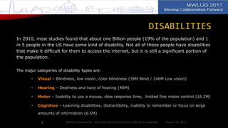 DISABILITIES
In 2010, most studies found that about one Billion people (19% of the population) and 1
in 5 people in the US have some kind of disability. Not all of these people have disabilities
that make it difficult for them to access the internet, but it is still a significant portion of
the population.
The major categories of disability types are:
• Visual – Blindness, low vision, color blindness (39M Blind / 246M Low vision)
• Hearing – Deafness and hard of hearing (48M)
• Motor – Inability to use a mouse, slow response time, limited fine motor control (18.2M)
• Cognitive – Learning disabilities, distractibility, inability to remember or focus on large
amounts of information (6.5M)
August 14, 2017Website Accessibility - Why and how to ensure your website is accessible7
 