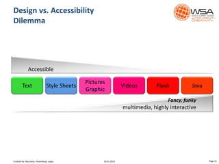 Design vs. Accessibility
Dilemma
Page 1130.01.2015
Text Style Sheets JavaVideos
Pictures
Graphic
Flash
Accessible
Fancy, funky
multimedia, highly interactive
Created by: Boumans, Felsenberg, Lopez
 
