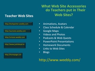 Teacher Web Sites  What Web Site Accessories do Teachers put in Their Web Sites?  Animations, Avatars Class Schedule & Calendar Google Maps  Videos and Photos Podcasts & Web Quests  PowerPoint Presentations Homework Documents Links to Web Sites  Blogs  http://www.weebly.com/ http://www.justinboyd.net/WP/ http://aurioste.weebly.com http://urioste.weebly.com http://homepages.wmich.edu/~s0reifsc/ http://techpainter.weebly.com   