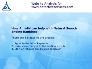 How AuroIN can help with Natural Search
Engine Rankings:
 
There are 3 stages to the process:
 
1. Agree to the list of keywords
2. Make some changes to the existing website
3. Start an inbound link building campaign
Website Analysis for
www.detectiveservices.com
 