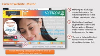 Current Website -Mirror
Mirror- Mirroring a design can point out areas of
misalignment and hierarchy.
Mirroring the main p...