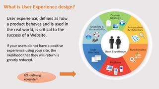 What is User Experience design?
User experience, defines as how
a product behaves and is used in
the real world, is critic...