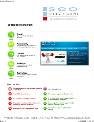 seogoogleguru.com -




  Website Analysis
  SEO Report brought
  to you by...


                         Overall
                         The overall score for this
                         website.
            Good



                         Accessibility
                         How accessible the website is
                         to mobile and disabled users.
            Good



                         Content
                         The quality of the content of
                         this website.
            Good



                         Marketing
                         How well this website is
                         marketed online.
            Good



                         Technology
                         How well designed and built the
                         website is.
            Good




          Good / bad points

                   Few websites link to this website, making it
                                                                  100 webpages found
                   hard to find


                   At least 6 links are broken                    This website appears fully spiderable


                                                                  All of this website uses Google Analytics v2
                   The website is not W3C compliant
                                                                  to monitor visitor behaviour

                   This website does not rank well in search      On average this website appears to be
                   engines for selected keywords                  updated every 6.7 days

                                                                  This website appears optimised for
                   Most images don't have defined sizes
                                                                  printing




     Website Analysis SEO Report.... Get Your at http://www.SEOGoogleGuru.com
1 of 29                                                                                                          10/6/2010 11:45 AM
 