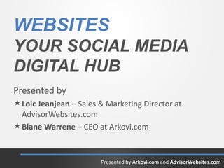 WEBSITES
YOUR SOCIAL MEDIA
DIGITAL HUB
Presented by
 Loic Jeanjean – Sales & Marketing Director at
  AdvisorWebsites.com
 Blane Warrene – CEO at Arkovi.com


                        Presented by Arkovi.com and AdvisorWebsites.com
 