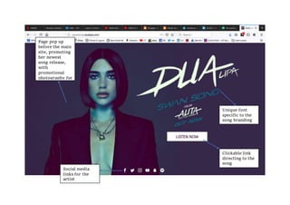 Page pop up
before the main
site, promoting
her newest
song release,
with
promotional
photography for
the song
Unique font
specific to the
song branding
Clickable link
directing to the
song
Social media
links for the
artist
 