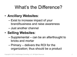 What’s the Difference?Ancillary Websites:Exist to increase impact of your brand/business and raise awarenessJust another channelSelling Websites:Supplemental – can be an afterthought to bricks and mortarPrimary – delivers the ROI for the organization; thus should be a productCopyright © 2010, StratVantage Consulting, LLC. All Rights Reserved5