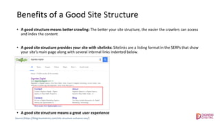 Benefits of a Good Site Structure
• A good structure means better crawling: The better your site structure, the easier the crawlers can access
and index the content
• A good site structure provides your site with sitelinks: Sitelinks are a listing format in the SERPs that show
your site’s main page along with several internal links indented below.
• A good site structure means a great user experience
Source:(https://blog.kissmetrics.com/site-structure-enhance-seo/)
 