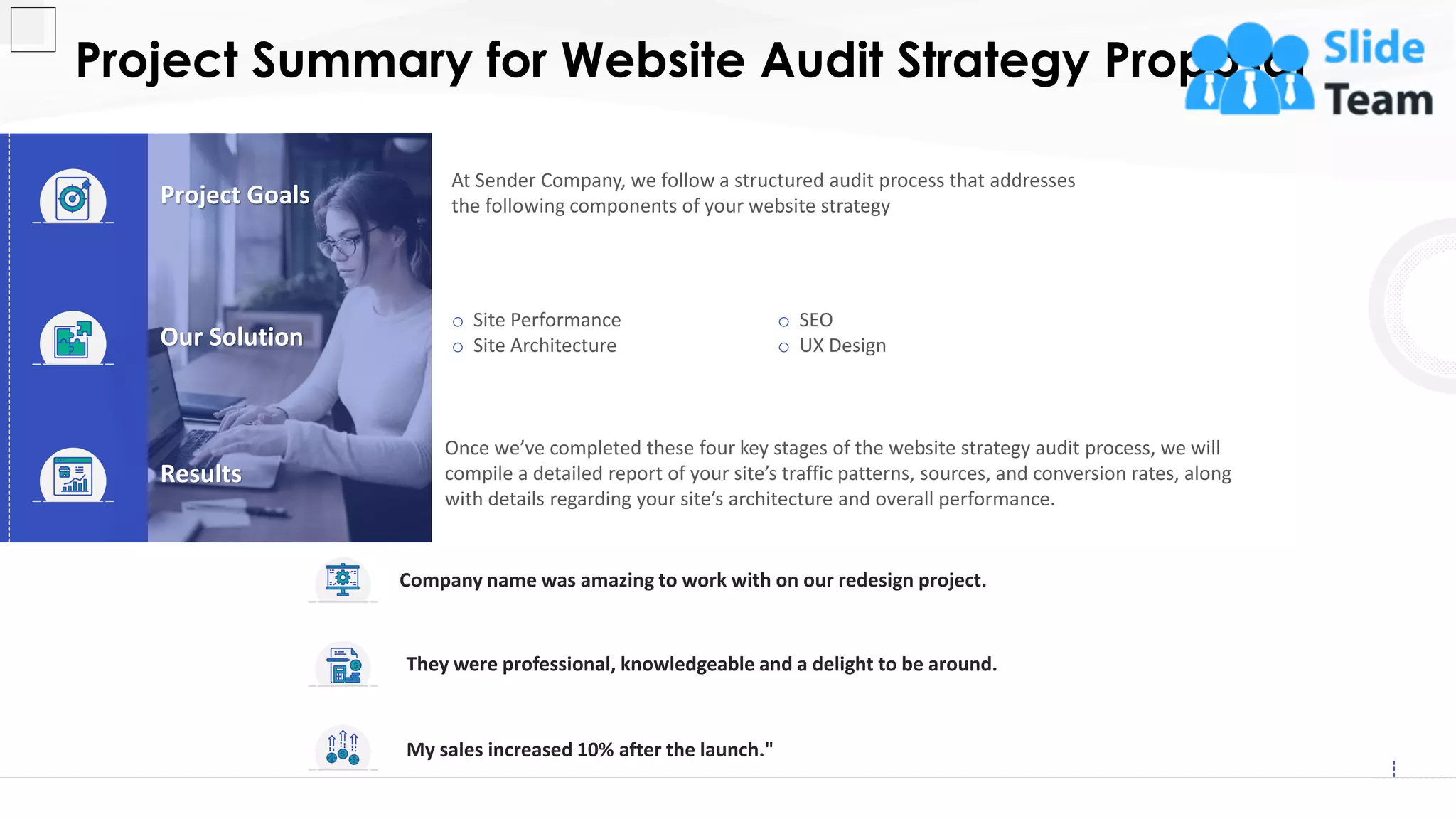 Project Summary for Website Audit Strategy Proposal
4
At Sender Company, we follow a structured audit process that addresses
the following components of your website strategy
o Site Performance
o Site Architecture
o SEO
o UX Design
Once we’ve completed these four key stages of the website strategy audit process, we will
compile a detailed report of your site’s traffic patterns, sources, and conversion rates, along
with details regarding your site’s architecture and overall performance.
Company name was amazing to work with on our redesign project.
My sales increased 10% after the launch."
They were professional, knowledgeable and a delight to be around.
This slide is 100% editable. Adapt it to your needs and capture your audience's attention.
Project Goals
Our Solution
Results
 
