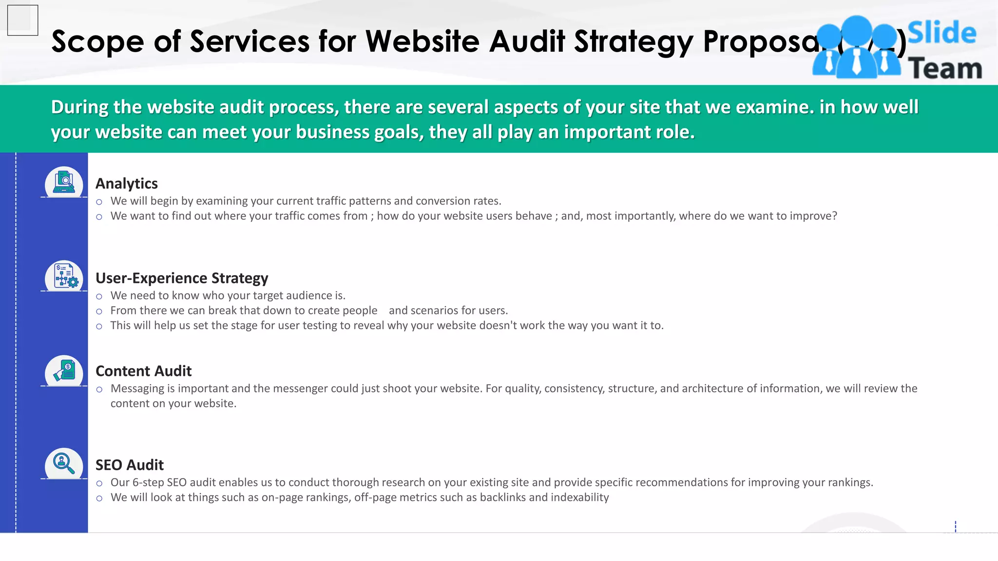 Scope of Services for Website Audit Strategy Proposal (1/2)
7
During the website audit process, there are several aspects of your site that we examine. in how well
your website can meet your business goals, they all play an important role.
Analytics
o We will begin by examining your current traffic patterns and conversion rates.
o We want to find out where your traffic comes from ; how do your website users behave ; and, most importantly, where do we want to improve?
User-Experience Strategy
o We need to know who your target audience is.
o From there we can break that down to create people and scenarios for users.
o This will help us set the stage for user testing to reveal why your website doesn't work the way you want it to.
Content Audit
o Messaging is important and the messenger could just shoot your website. For quality, consistency, structure, and architecture of information, we will review the
content on your website.
SEO Audit
o Our 6-step SEO audit enables us to conduct thorough research on your existing site and provide specific recommendations for improving your rankings.
o We will look at things such as on-page rankings, off-page metrics such as backlinks and indexability
This slide is 100% editable. Adapt it to your needs and capture your audience's attention.
 