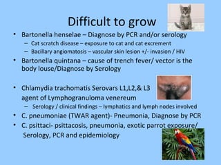 Difficult to grow
• Bartonella henselae – Diagnose by PCR and/or serology
– Cat scratch disease – exposure to cat and cat excrement
– Bacillary angiomatosis – vascular skin lesion +/- invasion / HIV
• Bartonella quintana – cause of trench fever/ vector is the
body louse/Diagnose by Serology
• Chlamydia trachomatis Serovars L1,L2,& L3
agent of Lymphogranuloma venereum
– Serology / clinical findings – lymphatics and lymph nodes involved
• C. pneumoniae (TWAR agent)- Pneumonia, Diagnose by PCR
• C. psittaci- psittacosis, pneumonia, exotic parrot exposure/
Serology, PCR and epidemiology
 