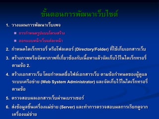 ขั้นตอนการพัฒนาเว็บไซต์
1. วางแผนการพัฒนาเว็บเพจ
 การกาหนดรูปแบบโครงสร้าง
 ออกแบบหน้าเว็บแต่ละหน้า
2. กาหนดไดเร็กทรอรี่ หรือโฟลเดอร์ (Directory/Folder) ที่ใช้เก็บเอกสารเว็บ
3. สร้างภาพหรือจัดหาภาพที่เกี่ยวข้องกับเนื้อหาแล้วจัดเก็บไว้ในไดเร็กทรอรี่
ตามข้อ 2.
4. สร้างเอกสารเว็บ โดยกาหนดชื่อไฟล์เอกสารเว็บ ตามข้อกาหนดของผู้ดูแล
ระบบเครือข่าย (Web System Administrator) และจัดเก็บไว้ในไดเร็กทรอรี่
ตามข้อ
5. ตรวจสอบผลเอกสารเว็บผ่านเบราเซอร์
6. ส่งข้อมูลขึ้นเครื่องแม่ข่าย (Server) และทาการตรวจสอบผลการเรียกดูจาก
เครื่องแม่ข่าย
 
