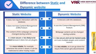 It does not require interaction with the
database.
It does not have Content Management
(CMS) Feature.
The content of the webpage cannot be
changed during runtime.
It is more secure or less likely to be
hacked because it does not use plugins.
It is more reliable, for example,
whenever the server is down, it can be
redirected to other nearby nodes.
It interacts with the databases.
It uses the Content Management (CMS)
Feature.
Webpage content can be changed
during runtime.
It is less secure and can be hacked easily
as it uses multiple plugins and content
sources.
It is less reliable, as it can go down for
hours if the server gets disconnected.
15
©VRKWebServices
 