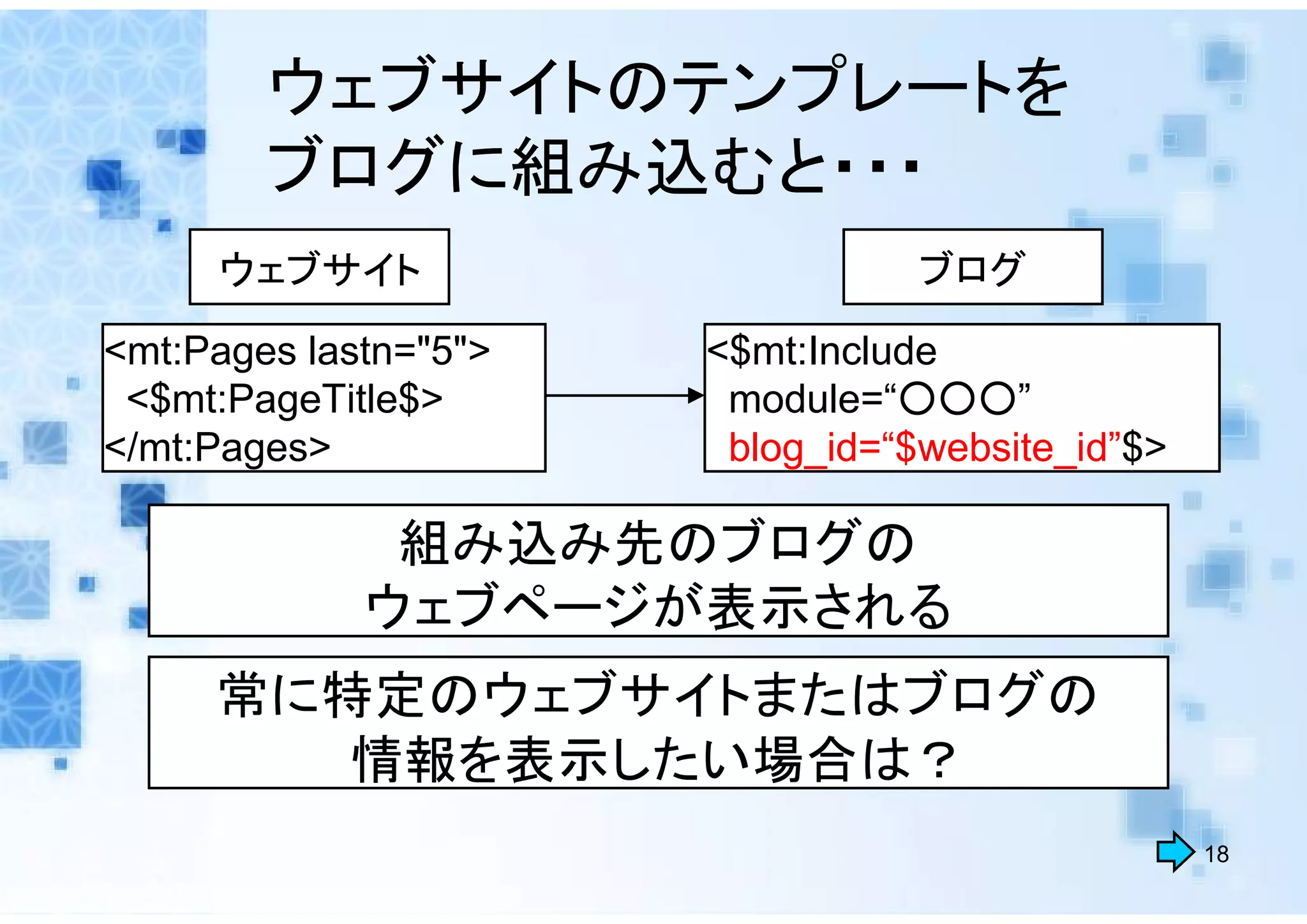 ウェブサイトのテンプレートを
        ブログに組み込むと・・・
     ウェブサイト                       ブログ
<mt:Pages lastn="5">   <$mt:Include
 <$mt:PageTitle$>       module=“○○○”
</mt:Pages>             blog_id=“$website_id”$>

        ウェブサイト／ブログのどちらの
          組み込み先のブログの
       ウェブページの情報が表示される？
         ウェブページが表示される
     常に特定のウェブサイトまたはブログの
        情報を表示したい場合は？
                                                  18
 