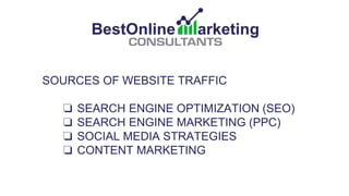 SOURCES OF WEBSITE TRAFFIC
❏ SEARCH ENGINE OPTIMIZATION (SEO)
❏ SEARCH ENGINE MARKETING (PPC)
❏ SOCIAL MEDIA STRATEGIES
❏ ...