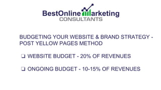 BUDGETING YOUR WEBSITE & BRAND STRATEGY -
POST YELLOW PAGES METHOD
❏ WEBSITE BUDGET - 20% OF REVENUES
❏ ONGOING BUDGET - 10-15% OF REVENUES
 