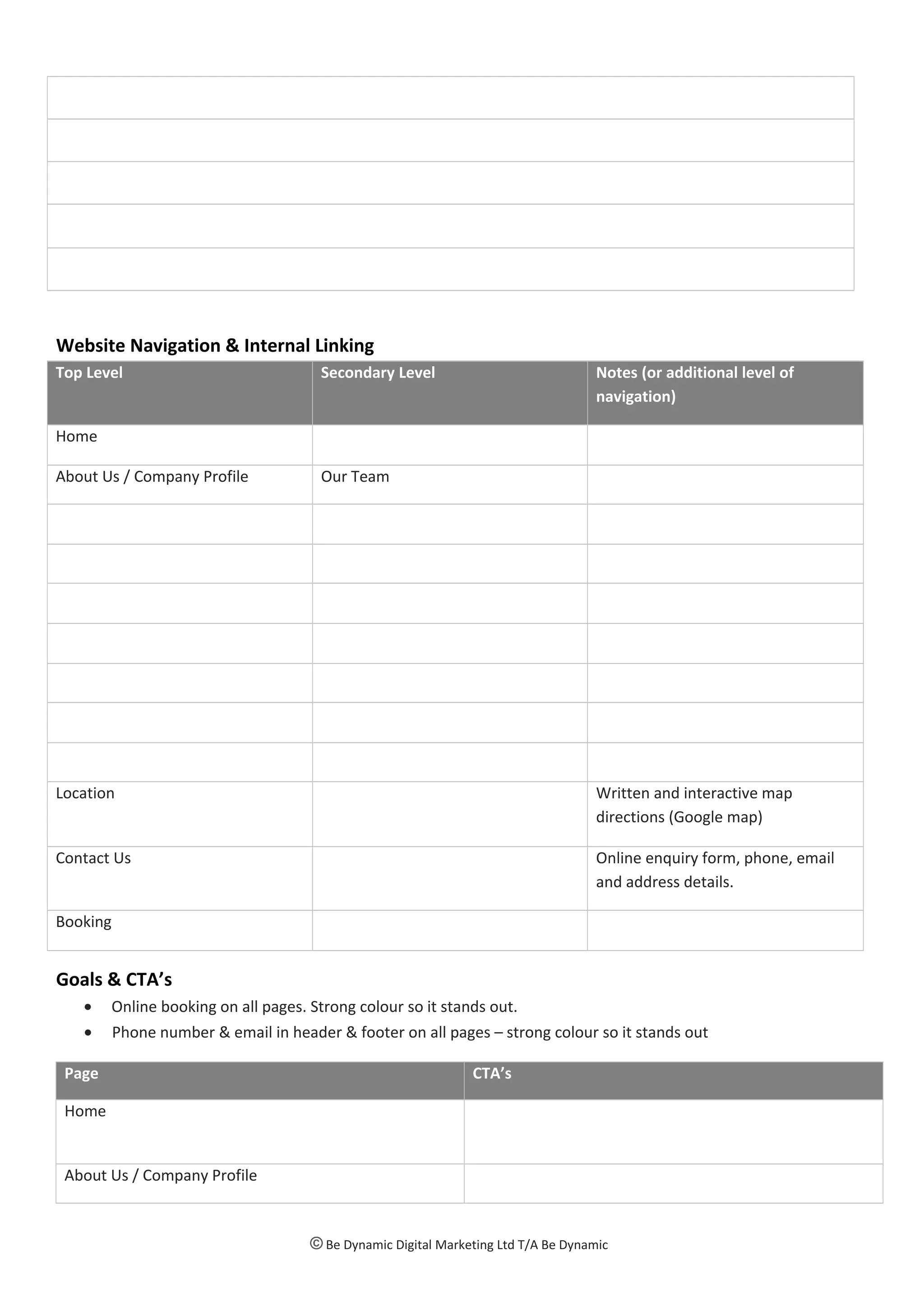 Website Navigation & Internal Linking
Top Level Secondary Level Notes (or additional level of
navigation)
Home
About Us / Company Profile Our Team
Location Written and interactive map
directions (Google map)
Contact Us Online enquiry form, phone, email
and address details.
Booking
Goals & CTA’s
• Online booking on all pages. Strong colour so it stands out.
• Phone number & email in header & footer on all pages – strong colour so it stands out
Page CTA’s
Home
About Us / Company Profile
© Be Dynamic Digital Marketing Ltd T/A Be Dynamic
 