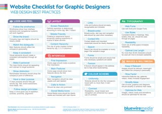 Website Checklist for Graphic Designers
WEB DESIGN BEST PRACTICES
LOOK AND FEEL LAYOUT
INTERFACE
COLOUR SCHEME
IMAGES & MULTIMEDIA
Screen Resolution
Optimal resolution is determined
according to niche (eg. 960,1100px)
Mobile Friendly
Creating a responsive layout
enhances viewing experience in
mobile & tablet devices
Content Hierarchy
The use of grids creates content
hierarchy (eg: 3, 4, 5 columns)
First Impression
Home page should make a positive
first impression
Main Features
Home page should show main
features above the fold
Navigation
Main navigation should be clear,
usable and well labeled
Calls to Action
Should be clear and prominent
Social Media Icons
Social Media icons should be clearly
visible and branded with main theme
Uniformity
Scheme should tie into the company's
brand with no more than 3 main
colours
Contrast
Readability, visual impact and
navigation are enhanced by a good
use of contrast
TYPOGRAPHY
Links
Links and buttons should be easily
recognisable and clickable
Breadcrumbs
Breadcrumbs, site map and navigation
aids should be used when necessary
Contact Info
Contact details and important
credentials should be clearly displayed
Search
Search bar should be available on every
page if the website is large
Forms
Forms should be simple and ensure that
only necessary questions are asked
Favicon
A favicon should appear in the address
bar to help when bookmarking
Web Fonts
Use web fonts and Google Fonts
Use Styles
Consistent styles in headings, titles,
bullets, links, etc. should be used
through all pages
Readability
Good use of white space increases
readability
Optimal Line Length
No more than 50-60 characters should
be used per line to increase readability
Keep it Relevant
Images should be relevant, meaningful
and reflect the company's personality
Wow Factor
Interactive features (eg. galleries,
videos, chats) increase engagement
Simplify Ideas
Use of icons, graphics and diagrams
should simplify or enhance main ideas
Optimise for Web
Images, videos, audio and animations
should be optimised for the web
Follow the wireframes
Wireframes show how interface
elements and navigational systems
will work together
Show the brand
Company logo and tagline should be
clearly visible
Match the styleguide
Main features should reflect the
company's personality
Keep it consistent
Visual elements should create a
consistent atmosphere through all
pages
Make it personal
The main theme should be appealing
and relevant to target audience
Show distinction
Remarkable elements should show the
company's point of difference
Have a clear purpose
A clear purpose should help get
results (eg. Sell, brand awareness,
more leads, etc)
Follow design principles
Keep in mind good use of repetition,
contrast, proximity, alignment
Aa
Free Download at http://www.bluewiremedia.com.au/website-checklist-for-graphic-designers
Bluewire Media www.bluewiremedia.com.au/ 1300 258 394 (BLUEWIRE)
@Bluewire_Media
© 2014 by Bluewire Media v1.3
Copyright holder is licensing this under the Creative Commons License, Attribution 3.0
Please feel free to post this on your blog or email, tweet & share it with whomever.
 