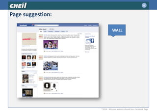  Include a link to our page in our email signatureMAKE OUR PAGE PUBLICLY SEARCHABLE Our Page will be public so that it can get indexed by search engines and give us the opportunity to drive organic search traffic to our Page. ®2010 - Why our website should be a Facebook Page