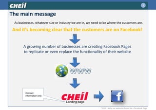 3The main messageAs businesses, whatever size or industry we are in, we need to be where the customers are. And it’s becoming clear that the customers are on Facebook! A growing number of businesses are creating Facebook Pages to replicate or even replace the functionality of their websitewwwContact information onlyLanding page®2010 - Why our website should be a Facebook Page