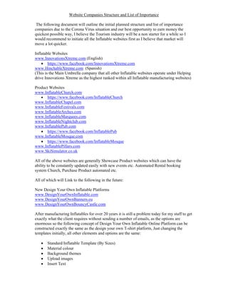 Website Companies Structure and List of Importance
The following document will outline the initial planned structure and list of importance
companies due to the Corona Virus situation and our best opportunity to earn money the
quickest possible way, I believe the Tourism industry will be a non starter for a while so I
would recommend to initiate all the Inflatable websites first as I believe that market will
move a lot quicker.
Inflatable Websites
www.InnovationsXtreme.com (English)
• https://www.facebook.com/InnovationsXtreme.com
www.HinchableXtreme.com (Spanish)
(This is the Main Umbrella company that all other Inflatable websites operate under Helping
drive Innovations Xtreme as the highest ranked within all Inflatable manufacturing websites)
Product Websites
www.InflatableChurch.com
• https://www.facebook.com/InflatableChurch
www.InflatableChapel.com
www.InflatableFestivals.com
www.InflatableArches.com
www.InflatableMarquees.com
www.InflatableNightclub.com
www.InflatablePub.com
• https://www.facebook.com/InflatablePub
www.InflatableMosque.com
• https://www.facebook.com/InflatableMosque
www.InflatablePillars.com
www.SkiSimulator.co.uk
All of the above websites are generally Showcase Product websites which can have the
ability to be constantly updated easily with new events etc. Automated Rental booking
system Church, Purchase Product automated etc.
All of which will Link to the following in the future:
New Design Your Own Inflatable Platforms
www.DesignYourOwnInflatable.com
www.DesignYourOwnBanners.eu
www.DesignYourOwnBouncyCastle.com
After manufacturing Inflatables for over 20 years it is still a problem today for my staff to get
exactly what the client requires without sending a number of emails, as the options are
enormous so the following concept of Design Your Own Inflatable Online Platform can be
constructed exactly the same as the design your own T-shirt platform, Just changing the
templates initially, all other elements and options are the same:
• Standard Inflatable Template (By Sizes)
• Material colour
• Background themes
• Upload images
• Insert Text
 