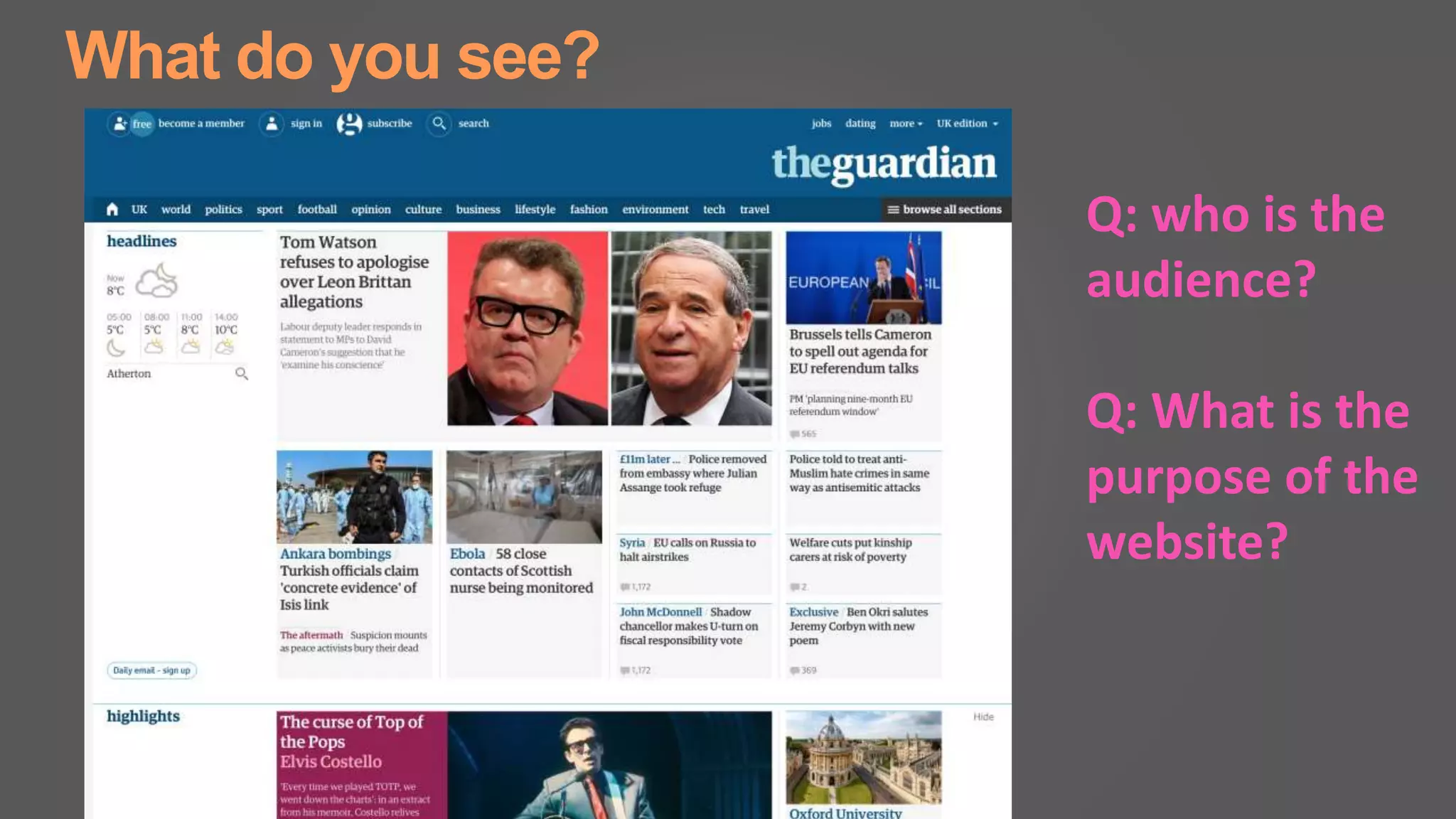 What do you see?
Q: who is the
audience?
Q: What is the
purpose of the
website?
 