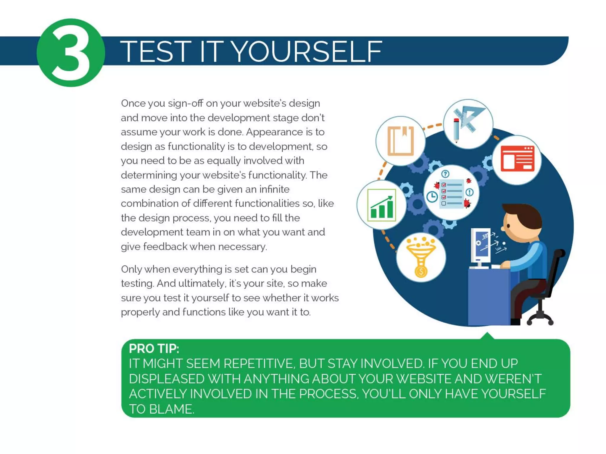 Once you sign-off on your website's design
and move into the development stage don't
assume your work is done. Appearance is to
design as functionality is to development. so
you need to be as equally involved with
determining your website's functionality. The
same design can be given an infinite
combination of different functionalities so, like
the design process, you need to fill the
development team in on what you want and
give feedback when necessary.
Only when everything is set can you begin
testing. And ultimately, it's your site, so make
sure you test it yourself to see whether it works
properly and functions like you want it to.
 