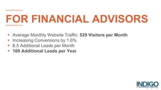 FOR FINANCIAL ADVISORS
 Average Monthly Website Traffic: 529 Visitors per Month
 Increasing Conversions by 1.6%
 8.5 Additional Leads per Month
 100 Additional Leads per Year
 