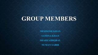 GROUP MEMBERS
MEHWISH KHAN
SAMINA KHAN
SHAHZAIBIQBAL
NUMAN SABIR
 