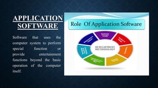 APPLICATION
SOFTWARE
Software that uses the
computer system to perform
special function or
provide entertainment
functions beyond the basic
operation of the computer
itself.
 