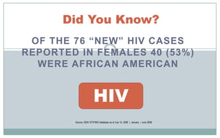 Did You Know? Of the 76 “NEW” HIV cases reported in Females 40 (53%) were African American  HIV Source: ISDH STD*MIS Database as of July 15, 2008  |  January – June 2008 