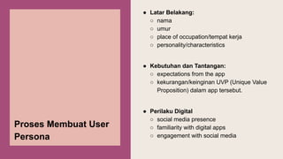Proses Membuat User
Persona
● Latar Belakang:
○ nama
○ umur
○ place of occupation/tempat kerja
○ personality/characteristics
● Kebutuhan dan Tantangan:
○ expectations from the app
○ kekurangan/keinginan UVP (Unique Value
Proposition) dalam app tersebut.
● Perilaku Digital
○ social media presence
○ familiarity with digital apps
○ engagement with social media
 