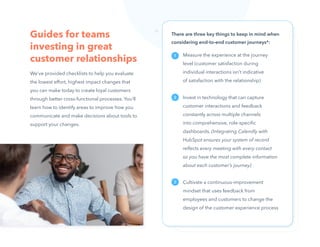 14
Guides for teams
investing in great
customer relationships
We’ve provided checklists to help you evaluate
the lowest effort, highest impact changes that
you can make today to create loyal customers
through better cross-functional processes. You’ll
learn how to identify areas to improve how you
communicate and make decisions about tools to
support your changes.
There are three key things to keep in mind when
considering end-to-end customer journeys*:
Measure the experience at the journey
level (customer satisfaction during
individual interactions isn’t indicative
of satisfaction with the relationship)
Invest in technology that can capture
customer interactions and feedback
constantly across multiple channels
into comprehensive, role-specific
dashboards. (Integrating Calendly with
HubSpot ensures your system of record
reflects every meeting with every contact
so you have the most complete information
about each customer’s journey)
Cultivate a continuous-improvement
mindset that uses feedback from
employees and customers to change the
design of the customer experience process
+
1
2
3
 