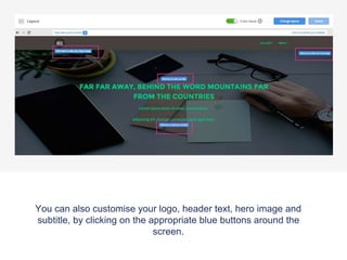 You can also customise your logo, header text, hero image and
subtitle, by clicking on the appropriate blue buttons around the
screen.
 