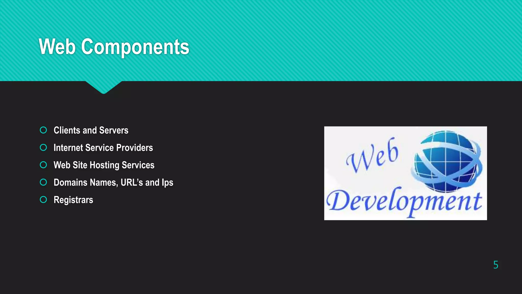 Web Components
 Clients and Servers
 Internet Service Providers
 Web Site Hosting Services
 Domains Names, URL’s and Ips
 Registrars
5
 