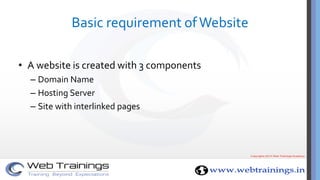 Basic requirement ofWebsite
• A website is created with 3 components
– Domain Name
– Hosting Server
– Site with interlinked pages
 