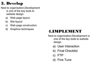 3. Develop
Next to organisation,Development
is one of the key tools to
website design.
a) Web page layout
b) Site layout
c) Web page construction
d) Graphics techniques

4.IMPLEMENT
Next to organisation,Development is
one of the key tools to website
design

a)
b)
c)
d)

User Interaction
Final Checklist
FTP
Fine Tune

 