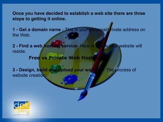 Once you have decided to establish a web site there are three
steps to getting it online.
1 - Get a domain name - This is your personal/private address on
the Web.
2 - Find a web hosting service- Here is where your website will
reside.
Free vs Private Web Hosting
3 - Design, build and upload your website - The process of
website creation.
 
