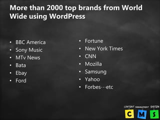 More than 2000 top brands from World
Wide using WordPress
• BBC America
• Sony Music
• MTv News
• Bata
• Ebay
• Ford
• Fortune
• New York Times
• CNN
• Mozilla
• Samsung
• Yahoo
• Forbes…etc
 