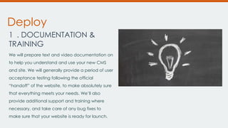 Deploy
1 . DOCUMENTATION &
TRAINING
We will prepare text and video documentation on
to help you understand and use your new CMS
and site. We will generally provide a period of user

acceptance testing following the official
“handoff” of the website, to make absolutely sure
that everything meets your needs. We’ll also
provide additional support and training where
necessary, and take care of any bug fixes to
make sure that your website is ready for launch.

 