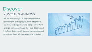 Discover
2. PROJECT ANALYSIS
We will work with you to help determine the
requirements of the project, from a technical,
creative, and organizational perspective. We’ll
analyze content, writing style, visual design, and

interface design, and make sure we understand
everything there is to know about your industry.

 