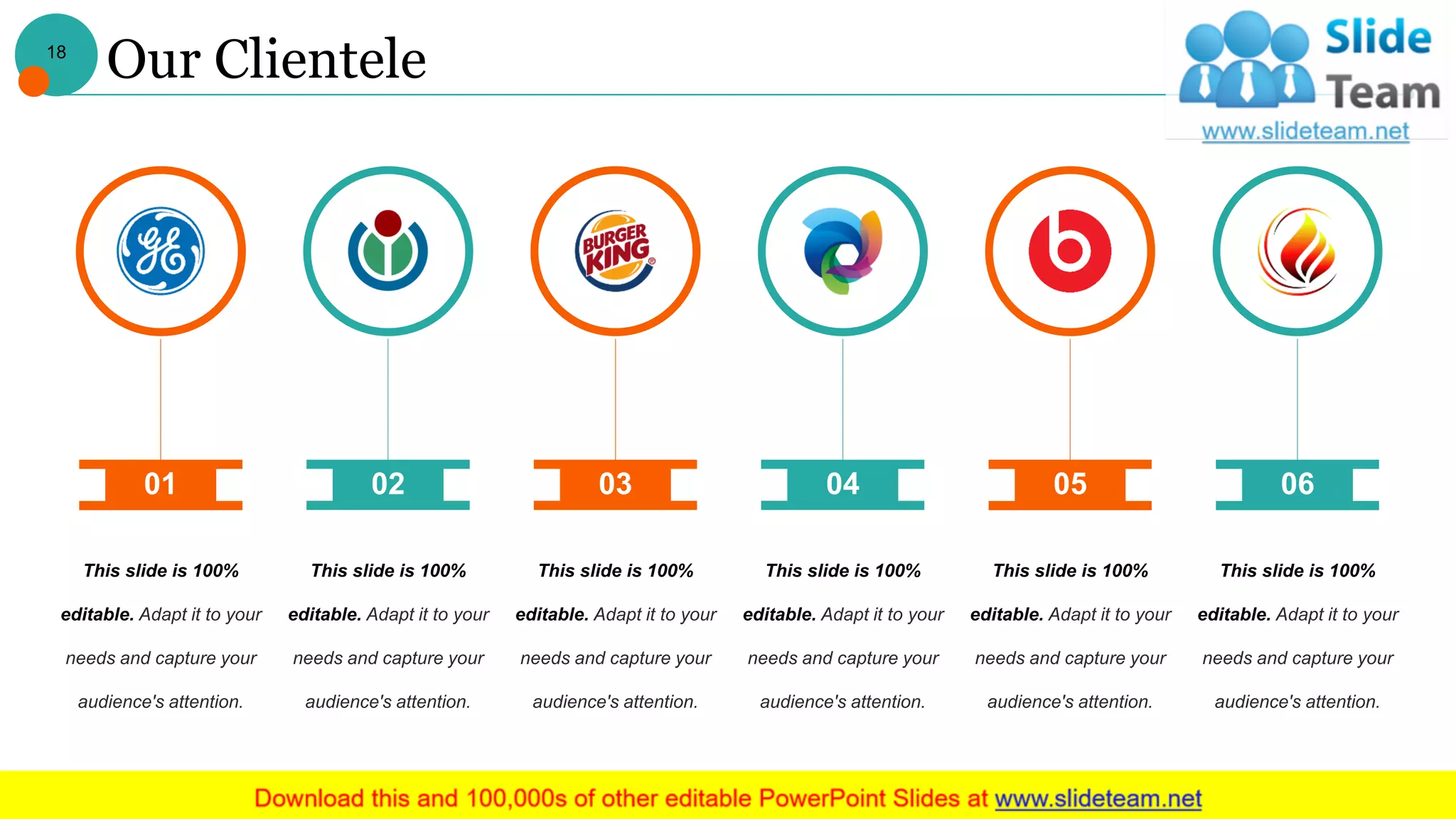 Our Clientele
This slide is 100%
editable. Adapt it to your
needs and capture your
audience's attention.
This slide is 100%
editable. Adapt it to your
needs and capture your
audience's attention.
This slide is 100%
editable. Adapt it to your
needs and capture your
audience's attention.
This slide is 100%
editable. Adapt it to your
needs and capture your
audience's attention.
This slide is 100%
editable. Adapt it to your
needs and capture your
audience's attention.
This slide is 100%
editable. Adapt it to your
needs and capture your
audience's attention.
02 03 04 05 0601
18
 