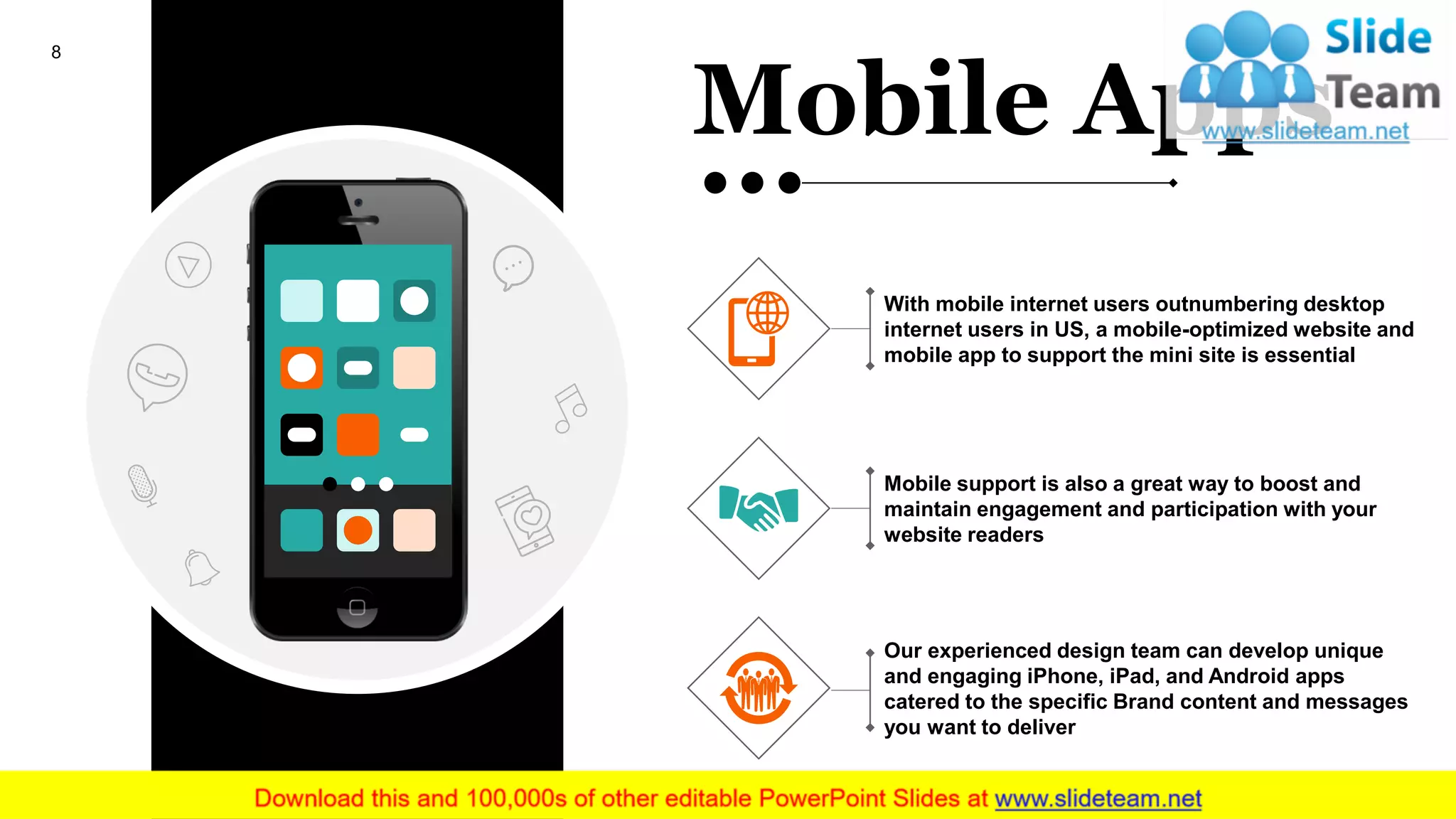 8
With mobile internet users outnumbering desktop
internet users in US, a mobile-optimized website and
mobile app to support the mini site is essential
Mobile support is also a great way to boost and
maintain engagement and participation with your
website readers
Our experienced design team can develop unique
and engaging iPhone, iPad, and Android apps
catered to the specific Brand content and messages
you want to deliver
Mobile Apps
 