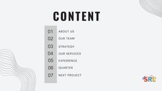 CONTENT
01
02
03
04
05
06
07
ABOUT US
OUR TEAM
STRATEGY
OUR SERVICES
EXPERIENCE
QUARTER
NEXT PROJECT
 