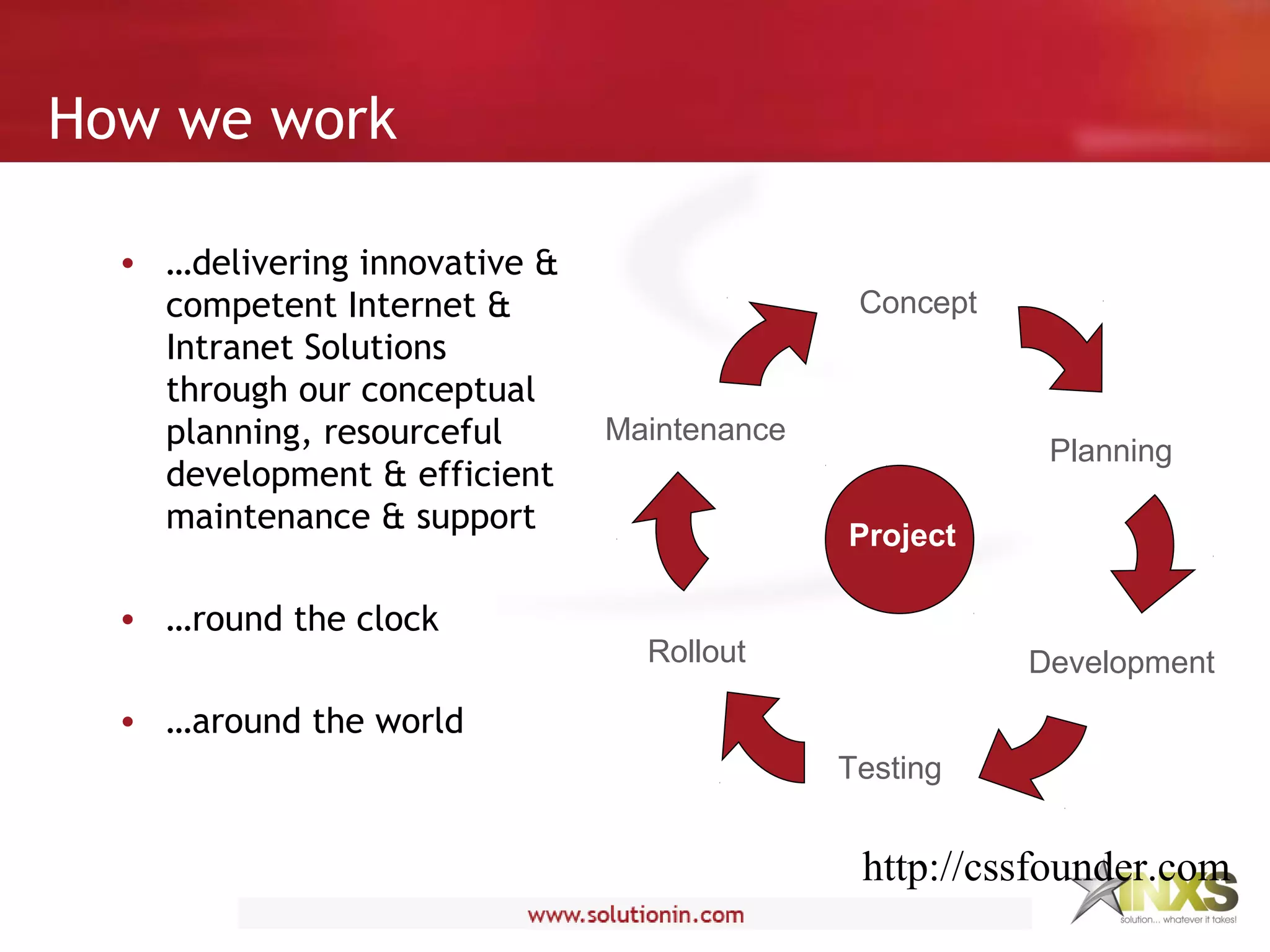 • …delivering innovative &
competent Internet &
Intranet Solutions
through our conceptual
planning, resourceful
development & efficient
maintenance & support
• …round the clock
• …around the world
Concept
Planning
Development
Testing
Rollout
Maintenance
Project
How we work
http://cssfounder.com
 