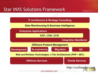 ERP, CRM, SCM
Enterprise Applications
Integration Backbone
Onsite Services
Data Warehousing & Business Intelligence
Offshore Services
Web and Wireless Technologies, n-Tier Architectures (PHP / .NET)
Development Re-engineering Migration QA
Offshore Product Management
IT architecture & Strategy Consulting
Star INXS Solutions Framework
http://cssfounder.com
 