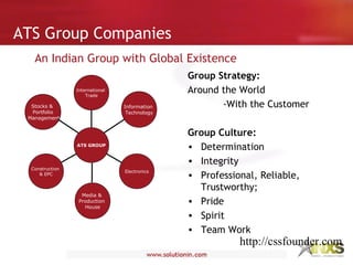 ATS Group Companies
Industry
Group Strategy
Group Strategy:
Around the World
-With the Customer
Group Culture:
• Determination
• Integrity
• Professional, Reliable,
Trustworthy;
• Pride
• Spirit
• Team Work
Construction
& EPC
Electronics
International
Trade
ATS GROUP
Stocks &
Portfolio
Management
Information
Technology
Media &
Production
House
An Indian Group with Global Existence
http://cssfounder.com
 